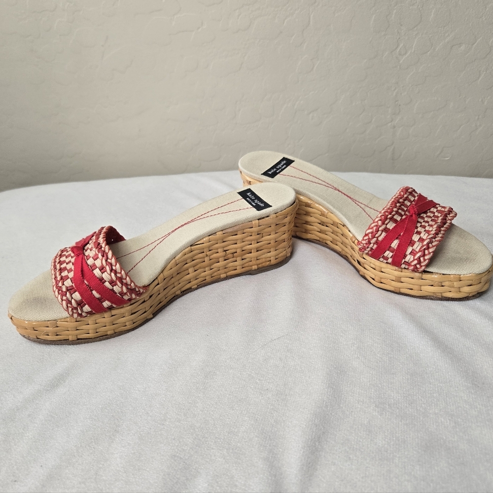 Kate Spade Red and Cream Checkered Woven Wicker Espadrilles Wedge Sandals 8B - Picture 4 of 10